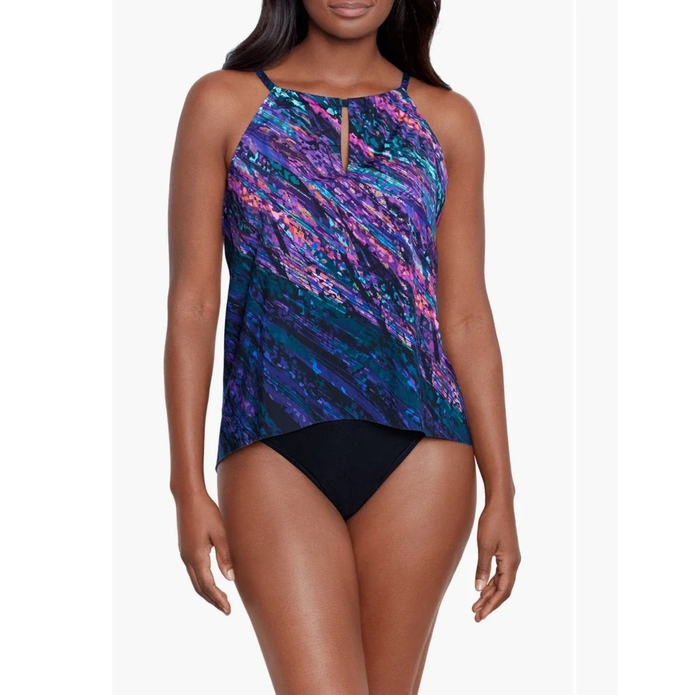 Miraclesuit Mood Ring Peephole Tankini‎ Top Purple Blue Abstract Size 12 6552560